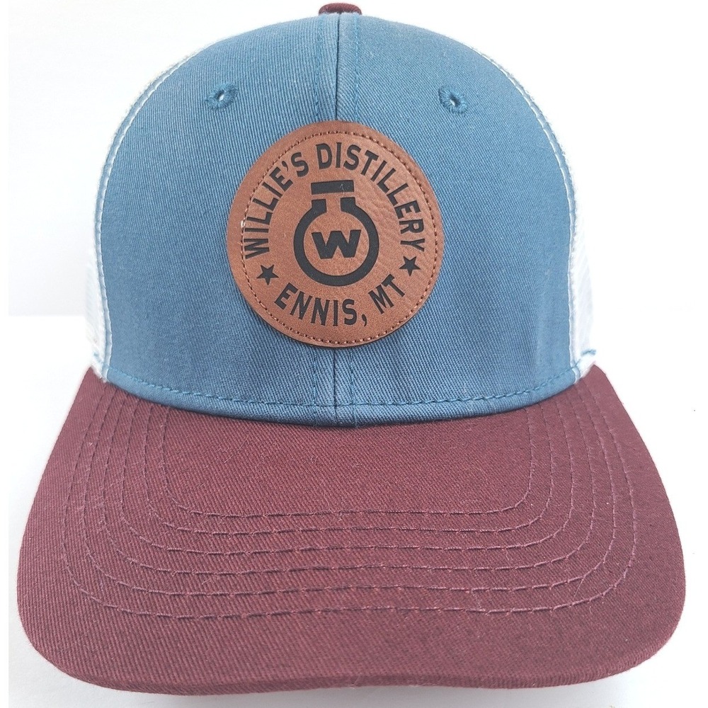 Blue 84 Willies Distillery Ennis MT Trucker Hat Mens Snapback Teal Maroon Cotton